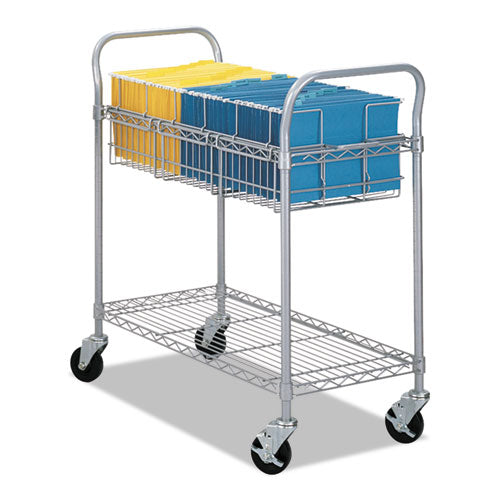 Image of Safco® Dual-Purpose Wire Mail and Filing Cart, Metal, 1 Shelf, 1 Bin, 39" x 18.75" x 38.5", Metallic Gray