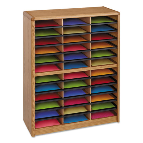 Image of Safco® Steel/Fiberboard Literature Sorter, 36 Compartments, 32.25 x 13.5 x 38, Oak