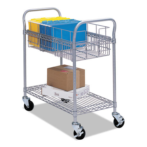 Image of Safco® Dual-Purpose Wire Mail and Filing Cart, Metal, 1 Shelf, 1 Bin, 26.75" x 18.75" x 38.5", Metallic Gray
