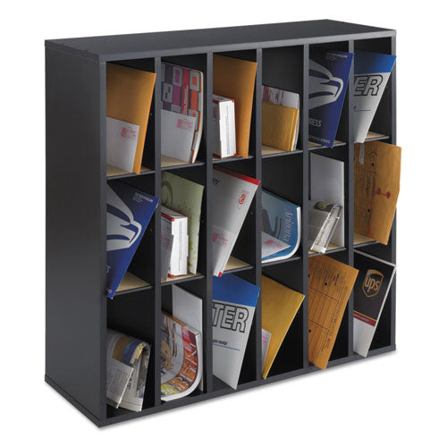 Image of Safco® Wood Mail Sorter with Adjustable Dividers, Stackable, 18 Compartments, 33.75 x 12 x 32.75, Black