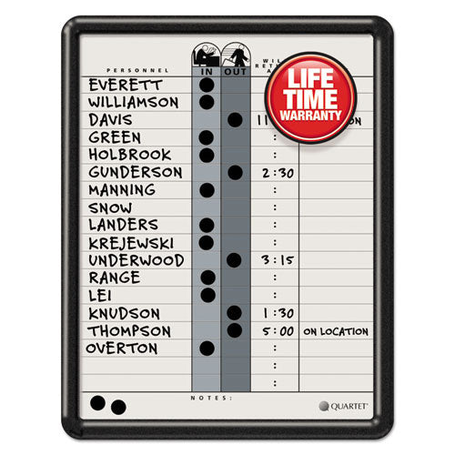 Image of Quartet® Employee In/Out Board, Personnel In/Out Tracking Chart, 11" x 14", White/Gray Surface, Black Plastic Frame