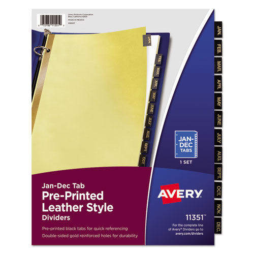 Image of Avery® Preprinted Black Leather Tab Dividers w/Gold Reinforced Edge, 12-Tab, Jan. to Dec., 11 x 8.5, Buff, 1 Set