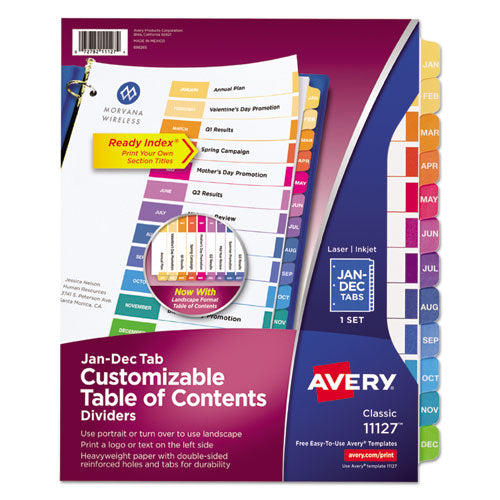 Image of Avery® Customizable TOC Ready Index Multicolor Tab Dividers, 12-Tab, Jan. to Dec., 11 x 8.5, White, Traditional Color Tabs, 1 Set