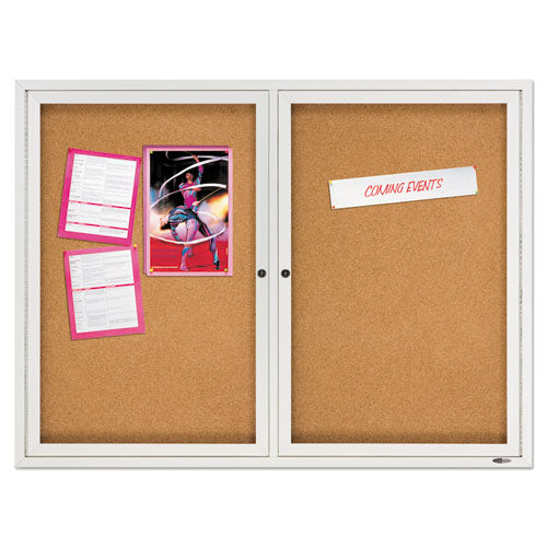 Image of Quartet® Enclosed Outdoors Bulletin Board with Two Doors, 48" x 36", Tan Surface, Anodized Aluminum Frame