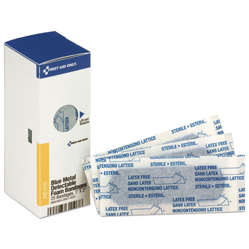 Image of First Aid Only Metal Detectable Adhesive Bandages, Foam, Blue, 1 X 3, 25/box