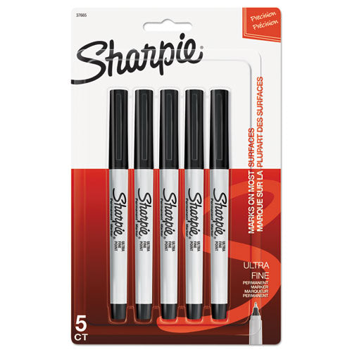 Image of Sharpie® Ultra Fine Tip Permanent Marker, Ultra-Fine Needle Tip, Black, 5/Pack