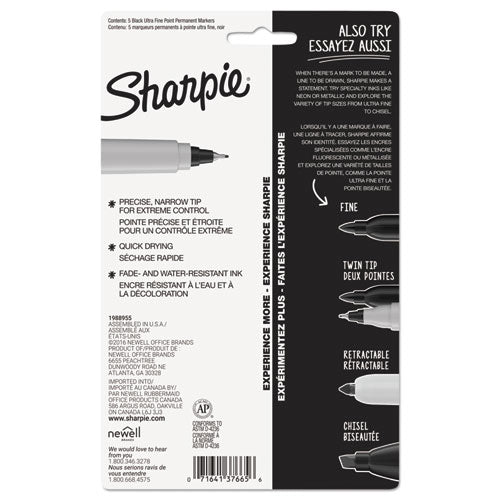 Image of Sharpie® Ultra Fine Tip Permanent Marker, Ultra-Fine Needle Tip, Black, 5/Pack
