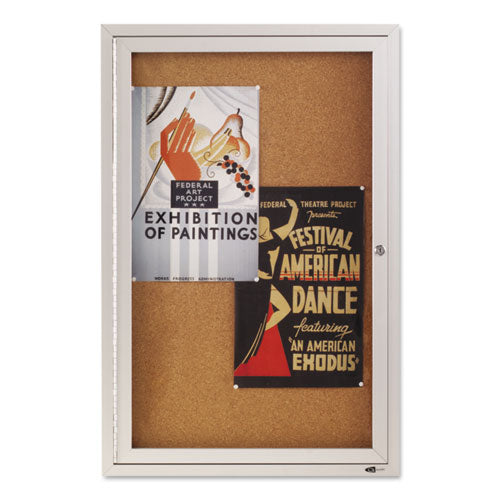 Image of Quartet® Enclosed Indoor Cork Bulletin Board with One Hinged Door, 24" x 36", Tan Surface, Satin Aluminum Frame