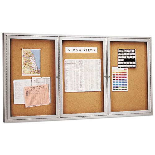Image of Quartet® Enclosed Indoor Cork Bulletin Board with Three Hinged Doors, 72" x 36", Tan Surface, Satin Aluminum Frame