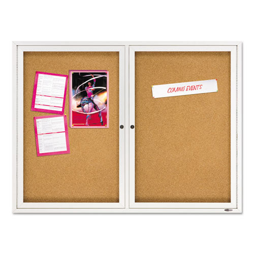 Image of Quartet® Enclosed Indoor Cork Bulletin Board with Two Hinged Doors, 48" x 36", Tan Surface, Satin Aluminum Frame