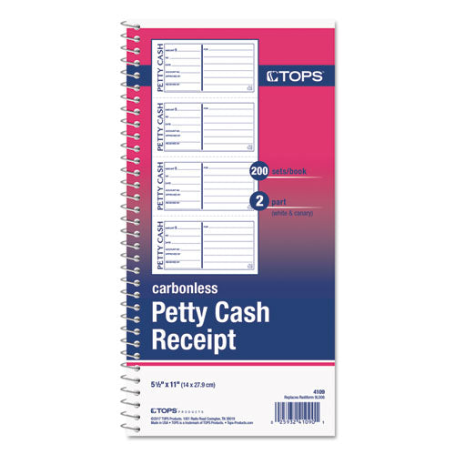 Image of TOPS Petty Cash Receipt Book, Two-Part Carbonless, 5 x 2.75, 4 Forms/Sheet, 200 Forms Total
