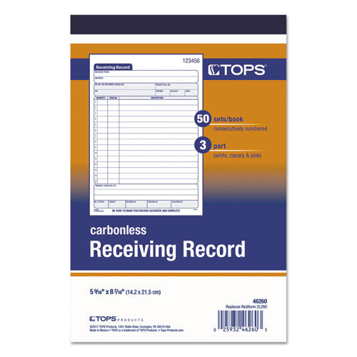 Image of TOPS Receiving Record Book, Three-Part Carbonless, 5.56 x 7.94, 50 Forms Total