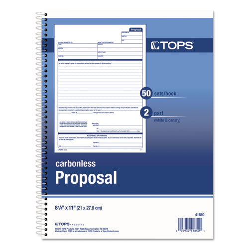 Image of TOPS Spiralbound Proposal Form Book, Two-Part Carbonless, 11 x 8.5, 50 Forms Total