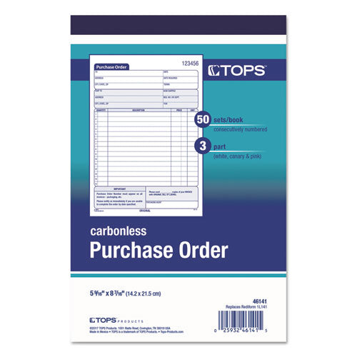 Image of TOPS Purchase Order Book, 15 Lines, Three-Part Carbonless, 5.56 x 8.44, 50 Forms Total