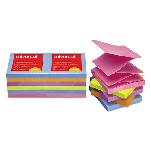 Image of Universal® Fan-Folded Self-Stick Pop-Up Note Pads, 3" x 3", Assorted Bright Colors, 100 Sheets/Pad, 12 Pads/Pack