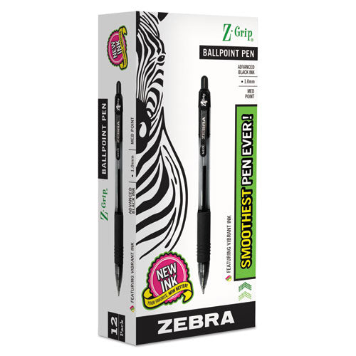 Image of Zebra® Z-Grip Ballpoint Pen, Retractable, Medium 1 mm, Black Ink, Clear/Black Barrel, 12/Pack