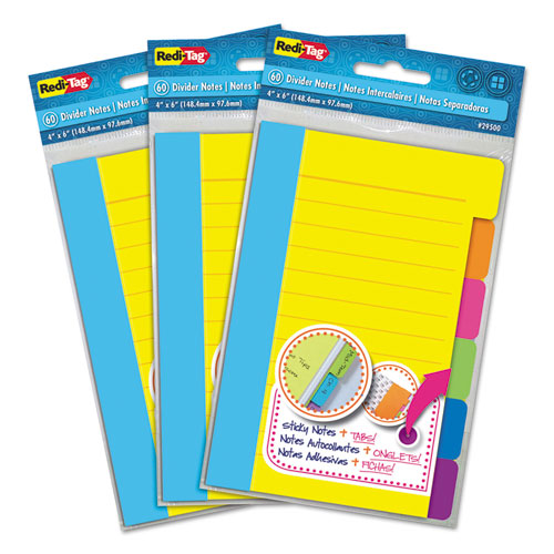 Image of Redi-Tag® Divider Sticky Notes, 6-Tab Sets, Note Ruled, 4" x 6", Assorted Colors, 60 Sheets/Set, 3 Sets/Box
