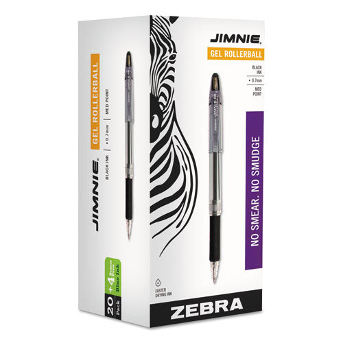 Image of Zebra® Jimnie Gel Pen Value Pack, Stick, Medium 0.7 mm, Black Ink, Clear/Black Barrel, 24/Box