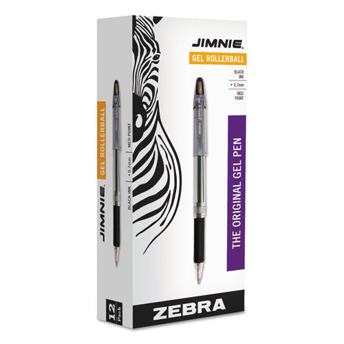 Image of Zebra® Jimnie Gel Pen, Stick, Medium 0.7 mm, Black Ink, Clear/Black Barrel, 12/Pack