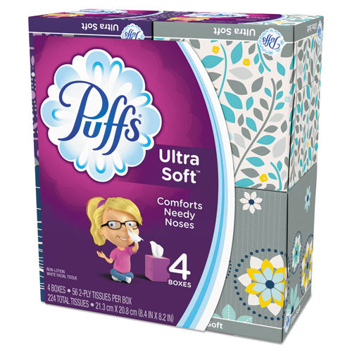 Image of Puffs® Ultra Soft Facial Tissue, 2-Ply, White, 56 Sheets/box, 4 Boxes/pack