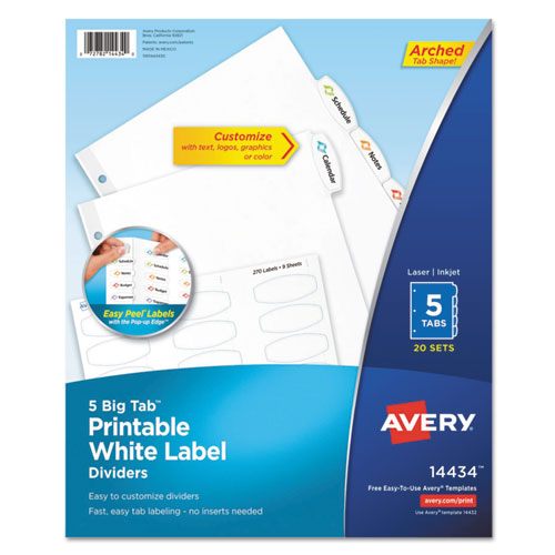 Image of Avery® Big Tab Printable White Label Tab Dividers, 5-Tab, 11 x 8.5, White, 20 Sets