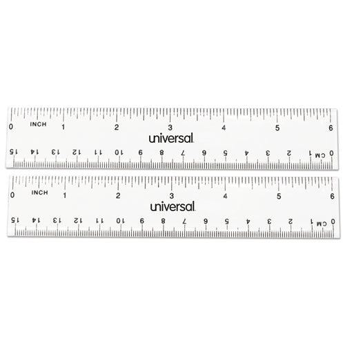 Image of Universal® Clear Plastic Ruler, Standard/metric, 6" Long, Clear, 2/pack