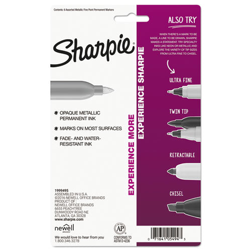 Image of Sharpie® Metallic Fine Point Permanent Markers, Fine Bullet Tip, Gold-Silver-Bronze, 6/pack