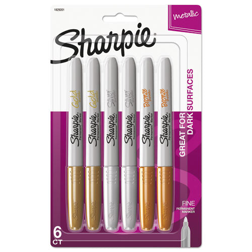 Image of Sharpie® Metallic Fine Point Permanent Markers, Fine Bullet Tip, Gold-Silver-Bronze, 6/pack