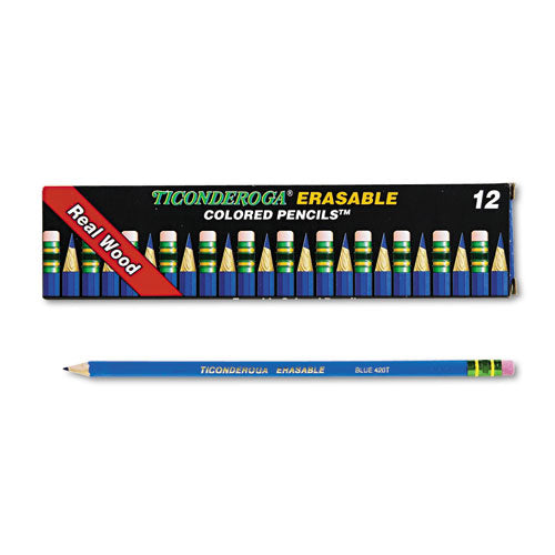 Image of Ticonderoga® Erasable Colored Pencils, 2.6 mm, 2B (#2), Blue Lead, Blue Barrel, 12/Pack
