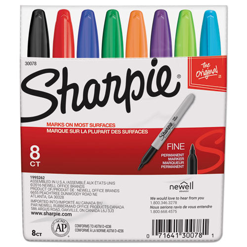 Image of Sharpie® Fine Tip Permanent Marker, Fine Bullet Tip, Assorted Colors, 8/set