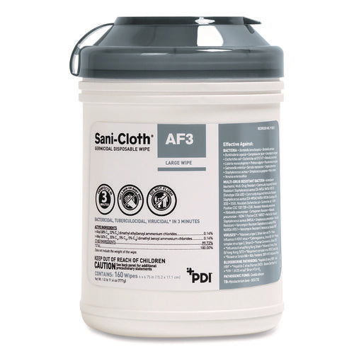 Image of Sani Professional® Sani-Cloth AF3 Germicidal Disposable Wipes, 6 x 6.75, White, 160 Wipes/Canister, 12 Canisters/Carton