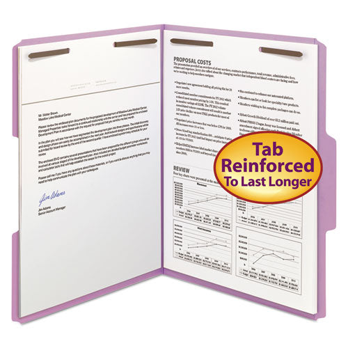 Image of Smead Top Tab Colored Fastener Folders, 0.75" Expansion, 2 Fasteners, Letter Size, Lavender Exterior, 50/Box