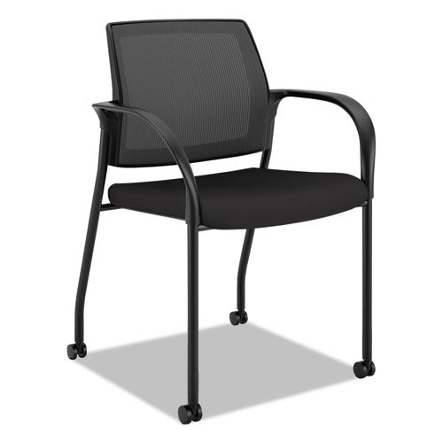 Image of HON® Ignition 2.0 4-Way Stretch Mesh Back Mobile Stacking Chair, Supports 300 lb, 18" Seat Height, Black Seat/Back, Black Base