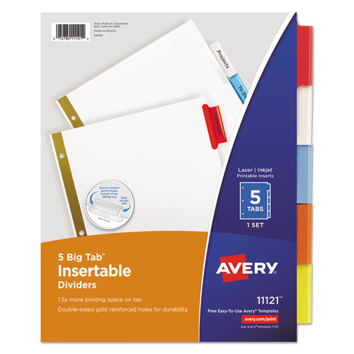 Image of Avery® Insertable Big Tab Dividers, 5-Tab, Double-Sided Gold Edge Reinforcing, 11 x 8.5, White, Assorted Tabs, 1 Set