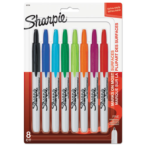 Image of Sharpie® Retractable Permanent Marker, Fine Bullet Tip, Assorted Colors, 8/set