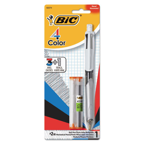 Image of BIC® 4-Color 3 + 1 Ballpoint Pen/Pencil, Retractable, Medium 1 mm Pen/0.7 mm Pencil, Black/Blue/Red Ink, Gray/White Barrel