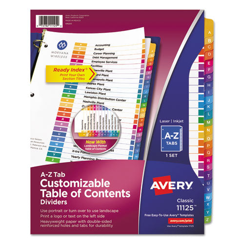 Image of Avery® Customizable TOC Ready Index Multicolor Tab Dividers, 26-Tab, A to Z, 11 x 8.5, White, Traditional Color Tabs, 1 Set
