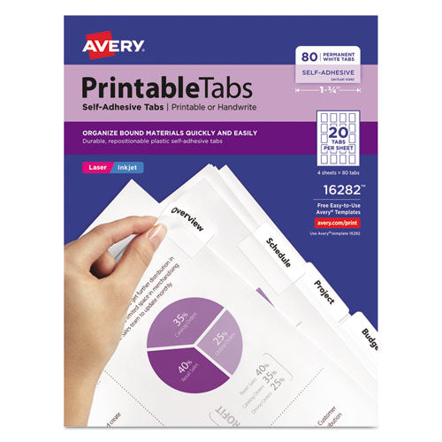 Image of Avery® Printable Plastic Tabs with Repositionable Adhesive, 1/5-Cut, White, 1.75" Wide, 80/Pack