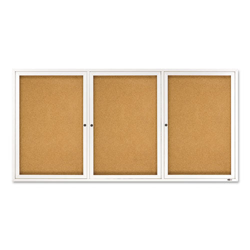 Image of Quartet® Enclosed Indoor Cork Bulletin Board with Three Hinged Doors, 72" x 36", Tan Surface, Satin Aluminum Frame