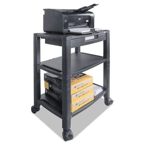 Image of Kantek Height-Adjustable Deskside Printer Cart, Plastic, 3 Shelves, 1 Drawer, 60 lb Capacity, 20" x 13.25" x 24.5", Black