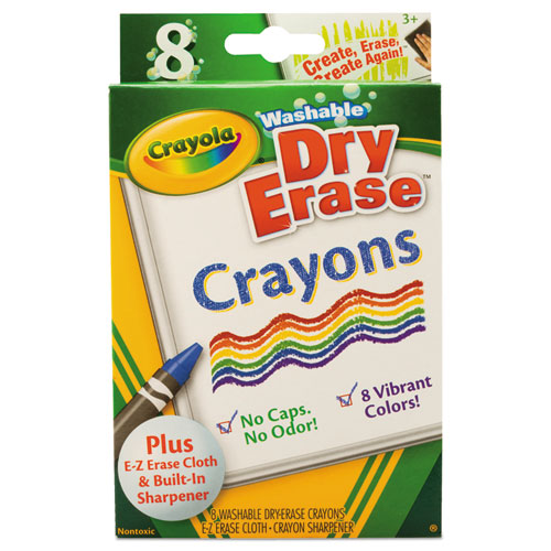 Image of Crayola® Washable Dry Erase Crayons W/e-Z Erase Cloth, Assorted Colors, 8/pack