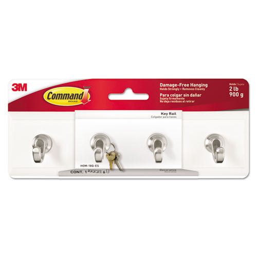 Image of Command Decorative Key Rail, Plastic, Quartz/Silver, 8 x 1.5 x 2.13, 4 Hooks/Pack
