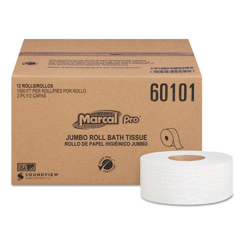 Image of Marcal PRO 100% Recycled Bathroom Tissue, Septic Safe, 2-Ply, White, 3.3" x 1,000 ft, 12 Rolls/Carton