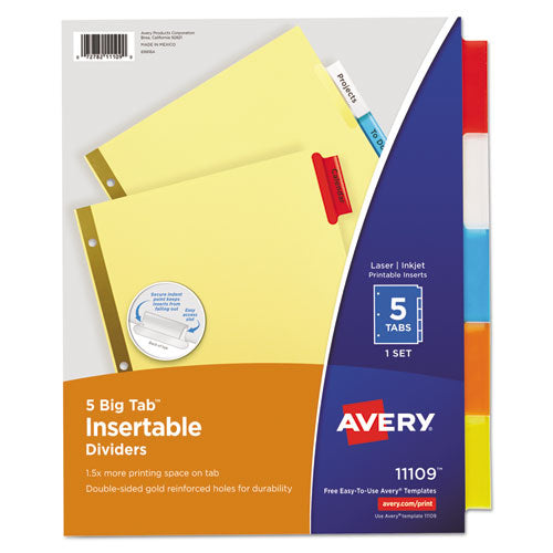 Image of Avery® Insertable Big Tab Dividers, 5-Tab, Double-Sided Gold Edge Reinforcing, 11 x 8.5, Buff, Assorted Tabs, 1 Set