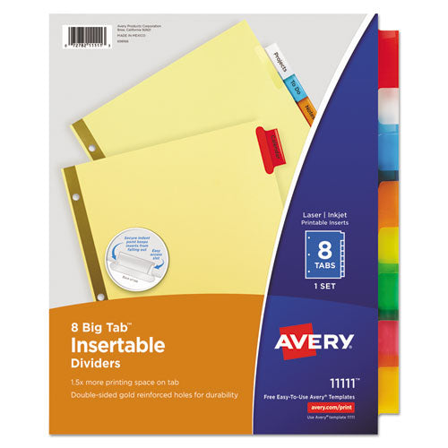 Image of Avery® Insertable Big Tab Dividers, 8-Tab, Double-Sided Gold Edge Reinforcing, 11 x 8.5, Buff, Assorted Tabs, 1 Set