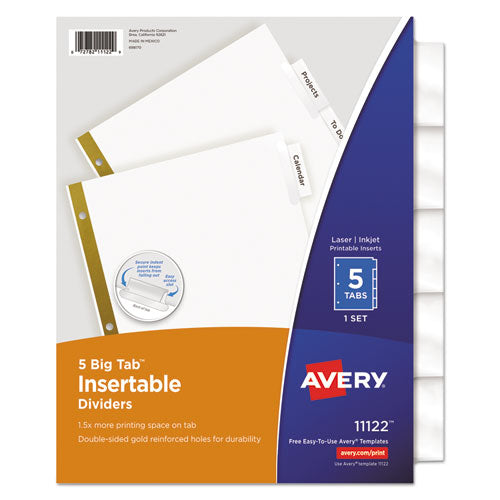 Image of Avery® Insertable Big Tab Dividers, 5-Tab, Double-Sided Gold Edge Reinforcing, 11 x 8.5, White, Clear Tabs, 1 Set