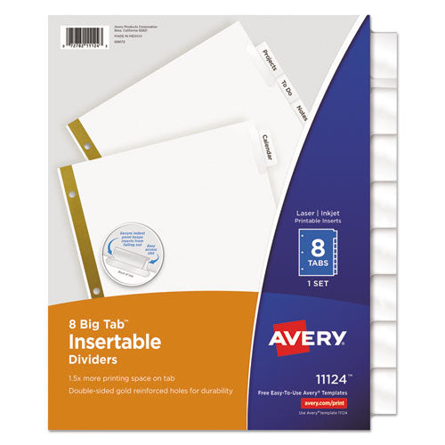 Image of Avery® Insertable Big Tab Dividers, 8-Tab, Double-Sided Gold Edge Reinforcing, 11 x 8.5, White, Clear Tabs, 1 Set