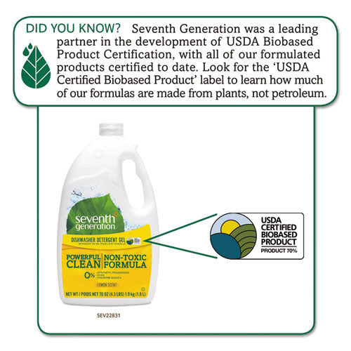 Image of Seventh Generation® Natural Automatic Dishwasher Gel, Lemon, Jumbo 70 Oz Bottle, 6/ct