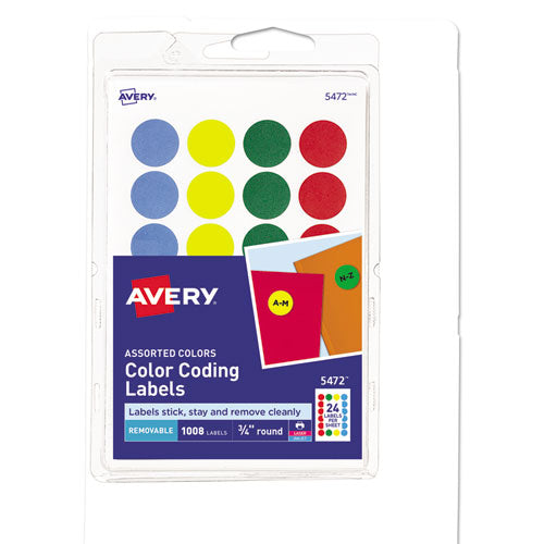 Image of Avery® Printable Self-Adhesive Removable Color-Coding Labels, 0.75" dia, Assorted Colors, 24/Sheet, 42 Sheets/Pack, (5472)