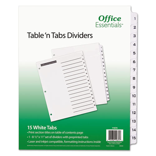 Image of Office Essentials Table 'n Tabs Dividers, 15-Tab, 1 to 15, 11 x 8.5, White, White Tabs, 1 Set